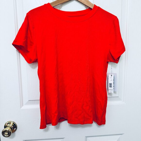 T TAHARI POPPY RED RIBBED KNIT CREW NECK SHORT SLEEVE BASIC T-SHIRT - Picture 1 of 5